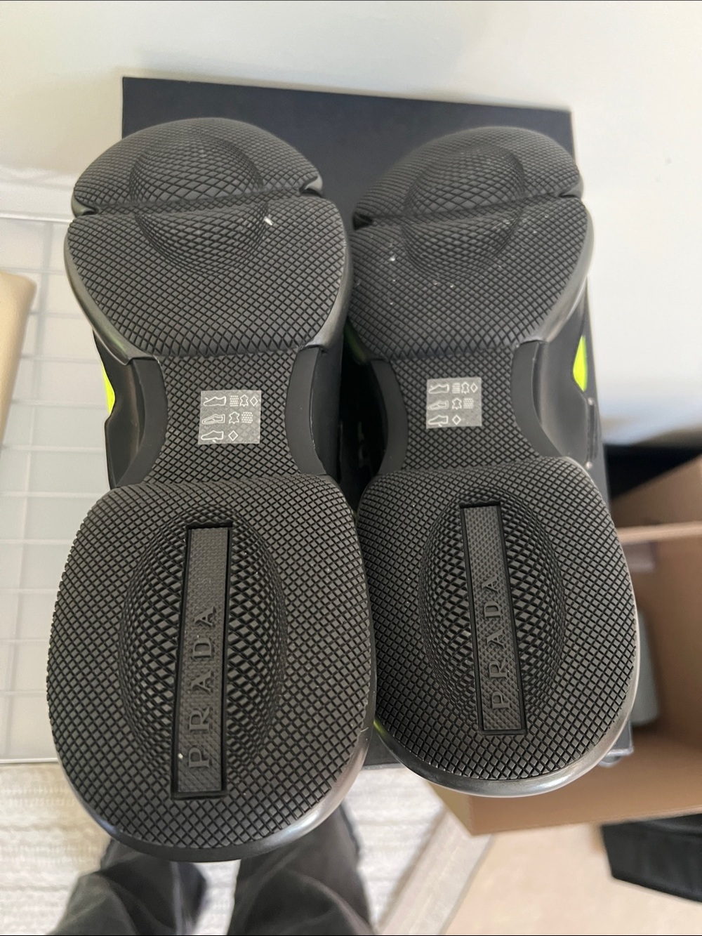 Prada Neon Yellow and Black Strap Slip-On Sneakers - Picture 2 of 2